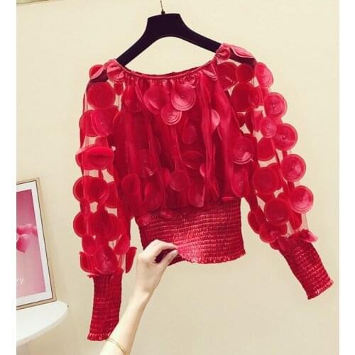 Slash Neck Flower Women Blouse 2020 Summer New Solid Red Lantern Sleeved Slim Short High Waist Lady Elegant Pulls Tops Tees