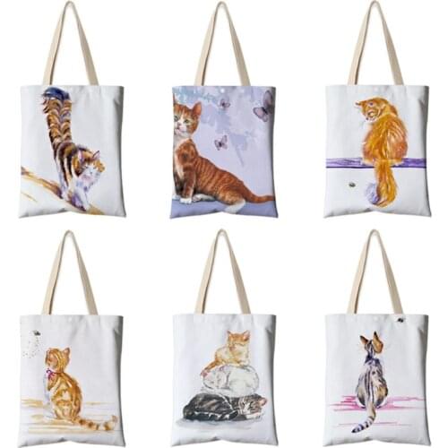 Customized Watercolor Pastoral Cat Art Printing Womens Canvas Shoulder Bag Ladies Large Handbag 2021 Bolsa Shopping Bags