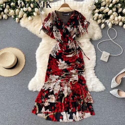 V-Neck Slim Short Sleeve Floral Midi Trumpet Summer Womens Dress 2021 Vintage Sexy Evening Dresses New Elegant Wrap Fairy Dress