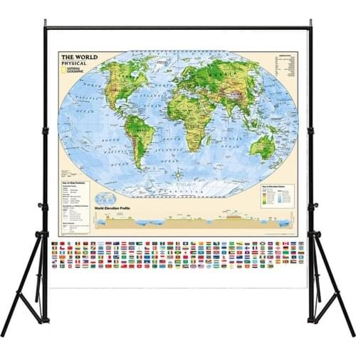 150x150cm World Map Elevation Profile With Key to Map Features And Elevation Colors Non-woven Foldable World Map with Flag