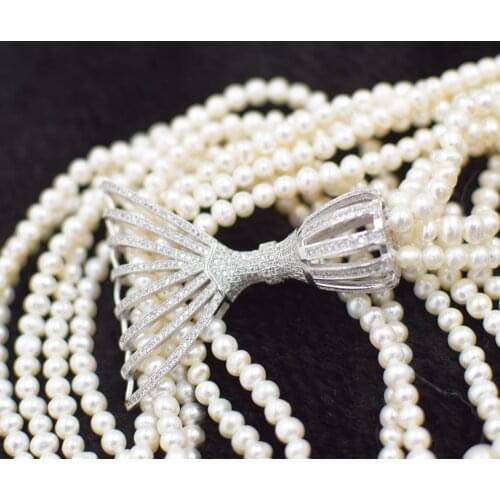 4rows freshwater pearl white near round 3-5mm necklace 34inch wholesale beads nature gift