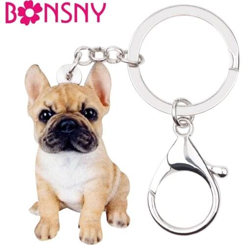 Bonsny Acrylic Sitting French Bulldog Puppy Dog Key Chains Keychain Rings Animal Jewelry For Women Girls Handbag Car Charms Pets