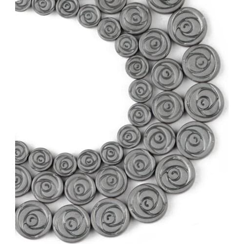 YHBZRET Matte Roses Flowers Black Hematite Natural Stone spacer 6/8/10MM Flat round Loose beads For Jewelry making bracelet DIY