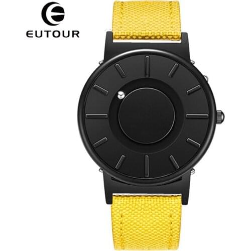 Creative Dial Men Watch EUTOUR Yellow Black Mens Watches Magnetic Metal Magnet Ball Quartz Wristwatch Male Canvas Clock Reloj