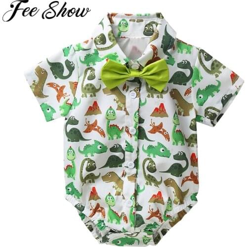Baby romper for summer animal printing short sleeves clothes infant baby boys lapel bowtie button down shirt romper first gift