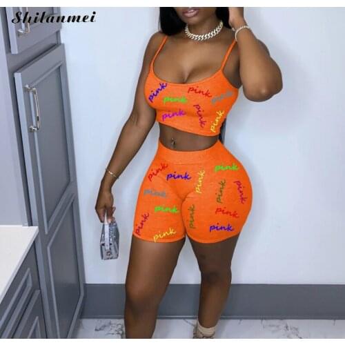 Women Shorts Two Piece Set Solid Sleeveless Spaghetti Strap Crop Tops Sheath Elastic Hight Waist Shorts Summer Pink Letter Set