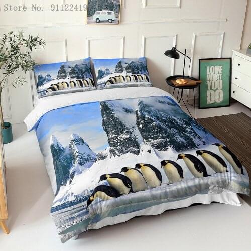 3D Glacier Snow Mountain Bedding Set Penguin Print Duvet Cover High Quality Comforter Cover Queen King Full Cartoon Quilt Cover