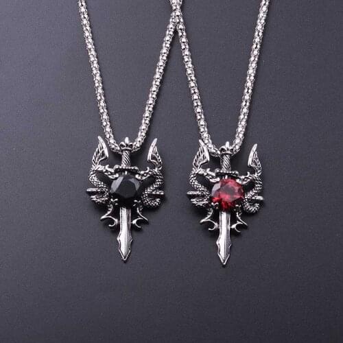 Cool Punk Vintage Dragon Sword Pendants Necklaces Red Black Crystal Necklace For Men Charm Jewelry