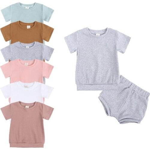 Summer Kids Baby Girls Clothes Casual Solid Color Boys Childrens Clothing Sets Ribbed T-Shirts+ Pants 2 Pieces Short For Girls