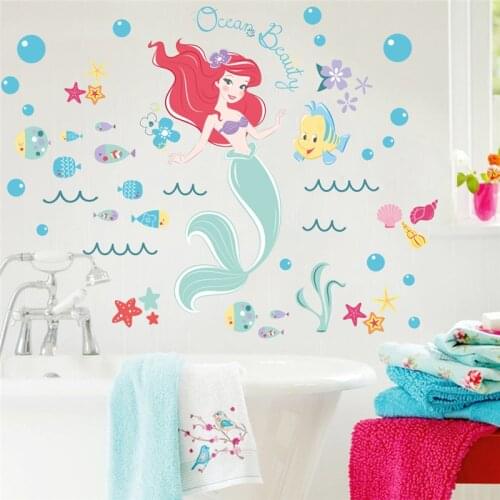 Cartoon Mermaid Ariel Princess Fish Bubble Wall Stickers Girls Room Bathroom Home Decoration Anime Mural Art Kids Wall Decals