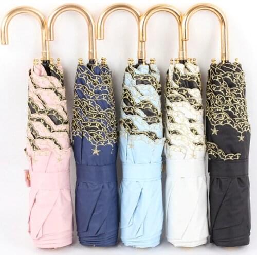 Super Light 3 Folding Handle Womens Umbrella Golden Curved Handle Embroidered Umbrella Rain Women Windproof Female Girl Parasol