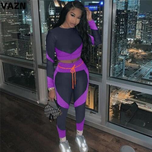 VAZN 2020 Patchwork Fitness Gym Sport Outfit Two Pieces Set Full Sleeve O-neck Full Pant Sport Running Sets