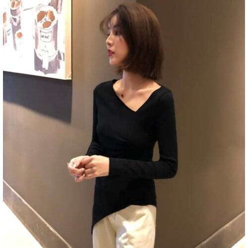 Slant Shoulder Off Shoulder Long Sleeve Shirt Women Tshirt T-shirt Tight Top Spring Personalized Irregular V-neck Bottomed Vogue