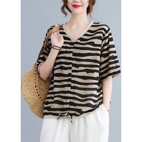 Women Summer Cotton Casual T-shirts New 2021 Simple Style Vintage V-neck Striped Loose Female Short Sleeve Tops Tees S3992