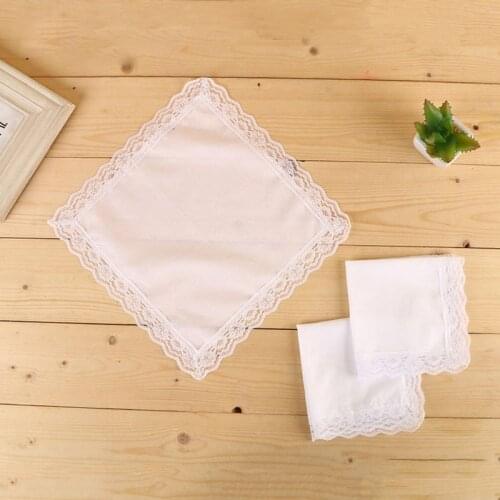 25x25cm Ladies Plain White Floral Lace Trim Cotton Handkerchiefs Bridal Wedding Square Napkin Gift DIY Print Draw Pocket Hankies