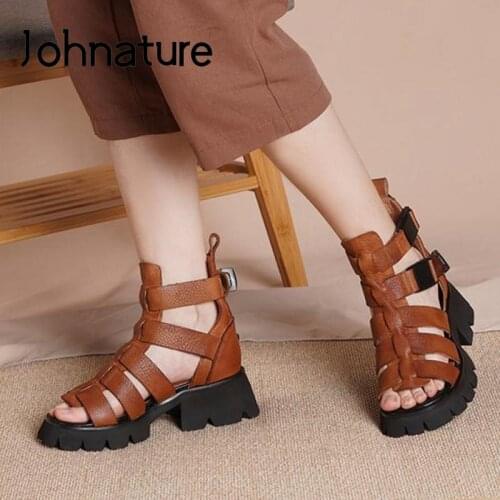 Johnature Retro Women Sandals Genuine Leather Shoes 2021 New Buckle Strap Wedges Sewing Handmade Concise Leisure Ladies Sandals