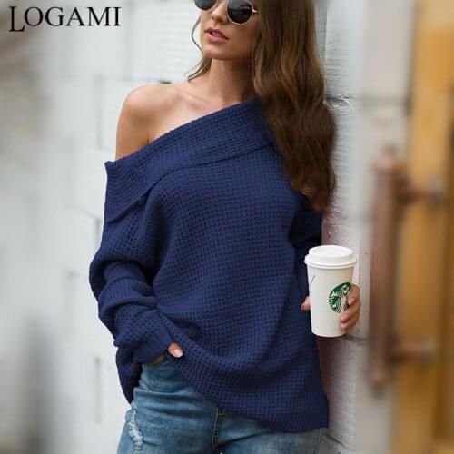 LOGAMI One Shoulder Long Sleeve Loose Womens Pullover And Sweater Autumn Spring Jumper WomenS Sweater