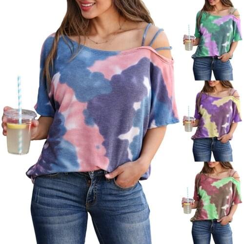 Tops Womens Top Summer Loose T-Shirts Irregular Diagonal Collar Short Sleeve Tie-dye Print T Shirts Y2K Ropa Mujer Kawaii Tops