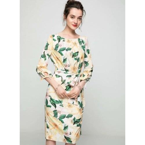 Spring 2021 new womens yellow flower print three-quarter sleeve round neck split dress slim slimming evening dress pencil dress
