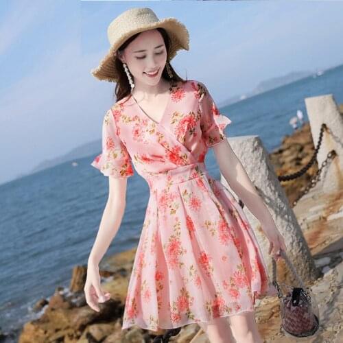 Chiffon Sweet Belt Floral Short Sleeve V-neck Knee-length Fashion Women Dresses Ladies Vestido Party 3240