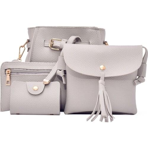 4Pcs/Set Women Backpack + Messenger Bag + Handbag + Card Bag Leather Solid Color Tassels Travel Ladies Crossbody Bags New