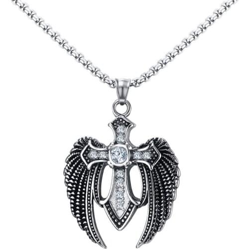 50.7mm Stainless Steel Angel Wings Plus Shiny Rhinestone Cross Shape Pendant Necklaces For men necklace chain lancuszki