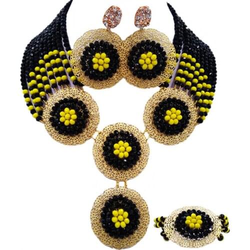 ACZUV Black Yellow African Beads Jewelry Set for Women Nigerian Traditional Wedding Jewelry Sets 10C-4PH010