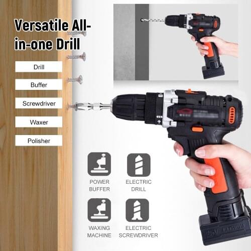 25V Cordless Drill / Driver Kit 1350rpm Variable Speed Polisher Car Buffer Waxer Set Power Screwdriver with Light with 5 Bits