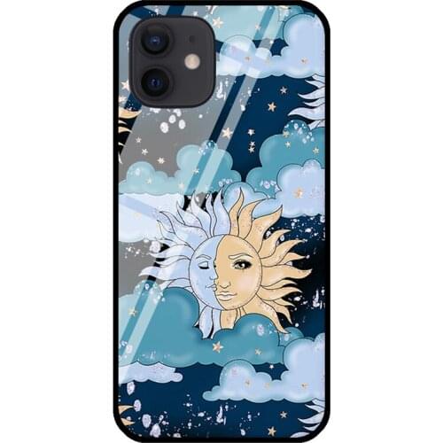 Celestial magic moon sun clouds pattern Tempered Glass Case For iPhone 11 Pro Max XS 12 mini SE 7 8 Plus X XR Shell Cover Coque