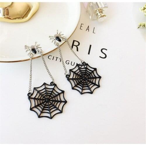 Creative Halloween Spider Web Pendant Earrings Ear Studs Black Silver Color Chains Trendy Jewelry Women Gril