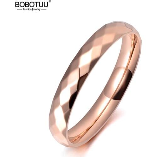BOBOTUU Trendy Office Style Stainless Steel 3mm Wide Cut Face Anniversary Ring Rose Gold Wedding Ring Jewelry For Women BR19059