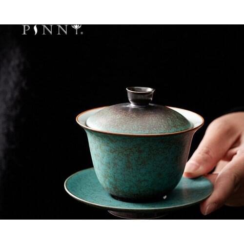 PINNY 160ML Ceramic Turquoise Glaze Gaiwan Coarse Pottery Tea Tureen Retro Pigmented Tea Bowl Kung Fu Drinkware