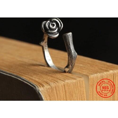 MKENDN 925 Sterling Silver Black Rose Jewelry Top Quality Special Rose Flowers For Women Lady Finger Ring Vintage Retro Style