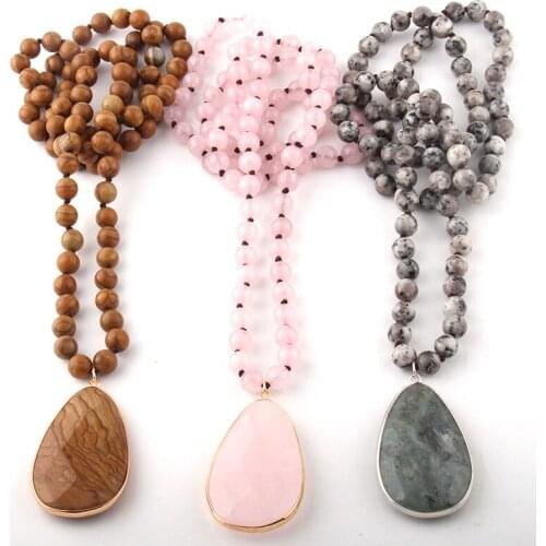 Fashion Bohemian Jewelry Semi Precious Stones Long Knotted Stone Drop Pendant Necklaces Pendant Necklaces
