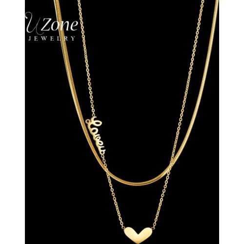Uzone Stainless Steel Tiny Heart Pendant Necklace For Women Girls Double-layer Chain Love Letter Necklaces Valentines Day Gift