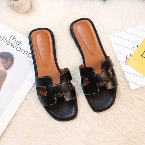 Luxury Designer Slippers Women Shoes Square Toe Womens Slippers PU Leather Ladies Summer Slides Flats Sandals Plus Size