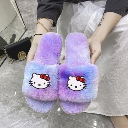 Sanrio Hello Kitty Plush Slippers Rainbow Cotton Slippers Autumn and Winter My Melody Leisure Plush Slippers