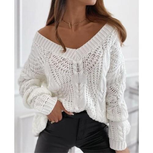 Women Solid Hollow Out Ribbed Knitted Sweater 2020 Autumn Winter V Neck Tops Casual Female Long Sleeve Loose Pullover Sweater
