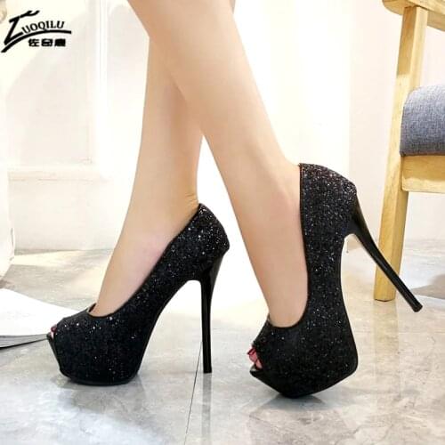 Stiletto 12/14 CM Peep Toe Platform high heels Women Shoes Bling Silver High Heels Party Wedding shoes women Pumps