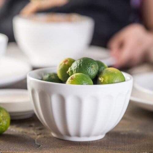 Japanese striped pure white round ceramic rice bowl household porridge salad rice bowl Hotel high foot bowl