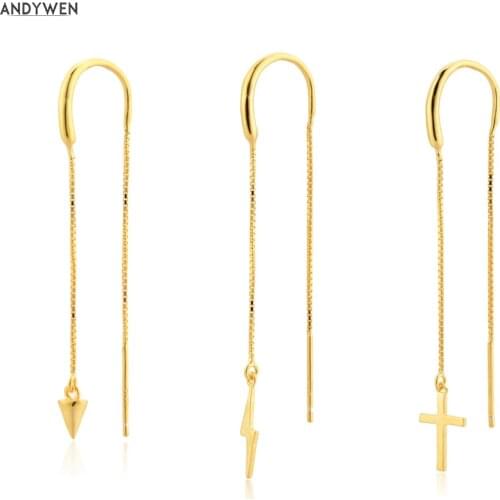 ANDYWEN 925 Sterling Silver Gold Single Pendiente Largo Rayo Pincho Cruz Clips 1pcs Long Chain Earring Piercing Clips Jewelry