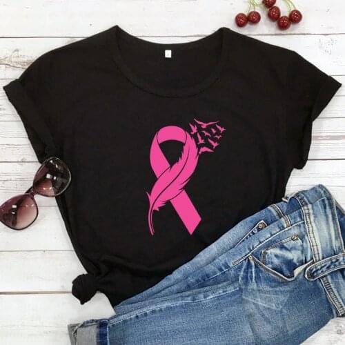 Ribbon Feather Birds Flying T-shirt Aesthetic Breast Cancer Survivor Awareness Tshirt Women Graphic Disease Fighter Gift Top Tee