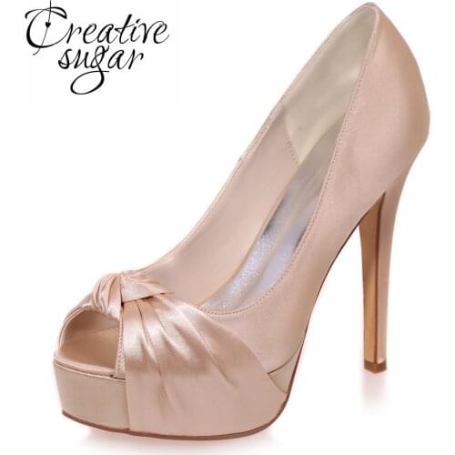 Creativesugar Elegant woman open toe platform high heels knot bow satin dress shoes party prom pumps silver red purple champagne