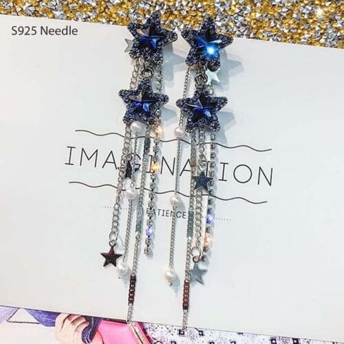 Real 925 Sterling Silver Needle Long Dangle Earrings for Women Jewelry Blue Star Rhinestone Female Drop Tassel Earrings