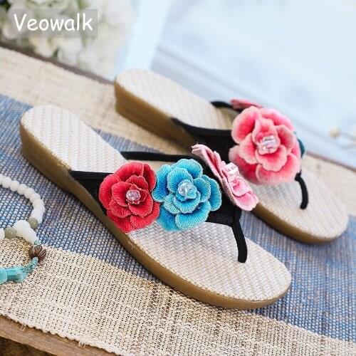 Veowalk Summer Women Linen Cotton Fabric Flip Flop Slipper 3D Flowers Flat Beach Shoes Retro Comfortable Soft Chinese Shoes