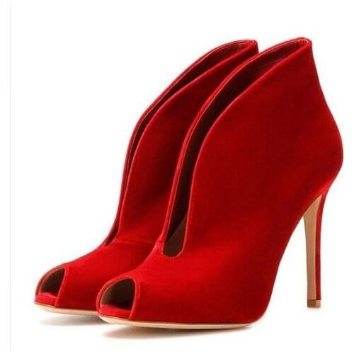 2018 Spring Vamp Suede Peep-toe Ankle Boots Woman High Heel Slip-on Winter Short Boots Cut-out Gladiator Sandals Bootie Size 11