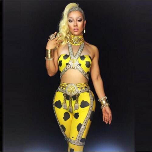 Fashion Summer Yellow Printed Jumpsuit Crystals Women Sleeveless Bodysuit Outfit Dance Stage Show Nightclub Costume Party Wear