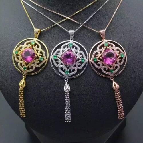 Natural red topaz stone pendant S925 silver Natural gemstone Pendant Necklace trendy Lucky big round tassel women gift jewelry