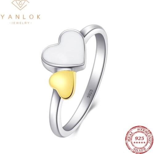 YANLOK Real 925 Sterling Silver Enamel Hearts Rings for Women Simple Female Finger Ring Wedding Bands Fine Jewelry Accessories
