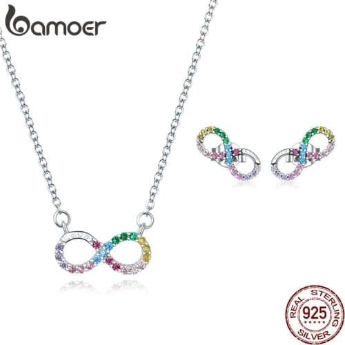 Bamoer Genuine 925 Sterling Silver Rainbow Color Infinite Love Necklace and Stud Earrings for Women Jewelry Sets Design ZHS199